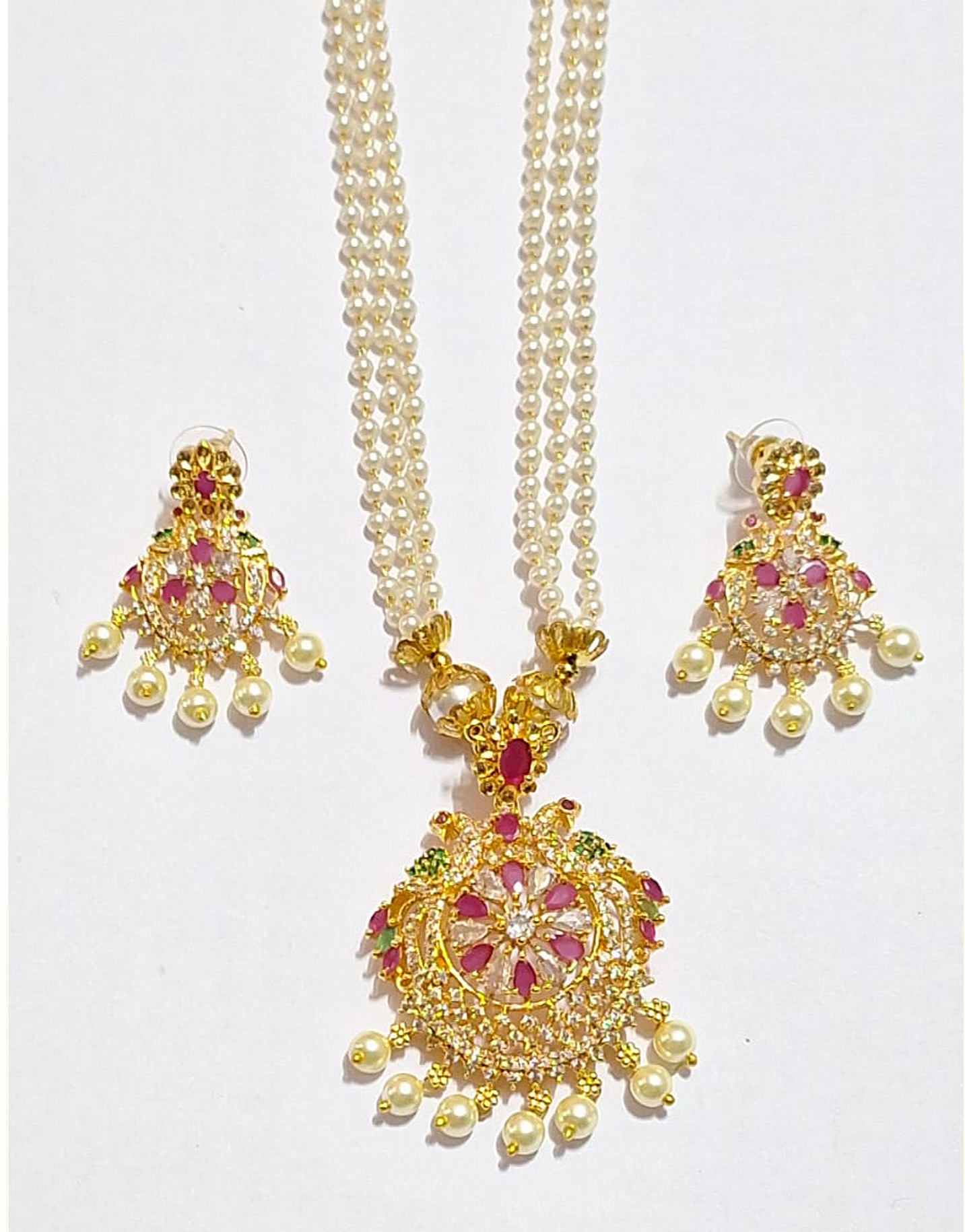 Pink Ruby American Diamond Pearl Long Chain 1 Gram Gold Plated Necklace Set