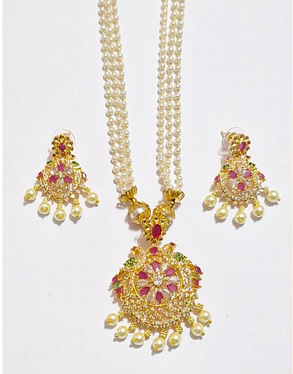 Pink Ruby American Diamond Pearl Long Chain 1 Gram Gold Plated Necklace Set
