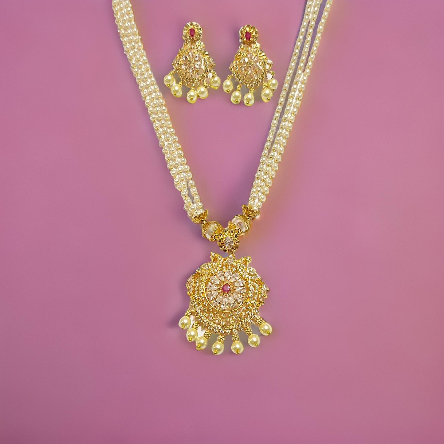 Pearl American Diamond 1 gram Gold plated Long NecklaceSet