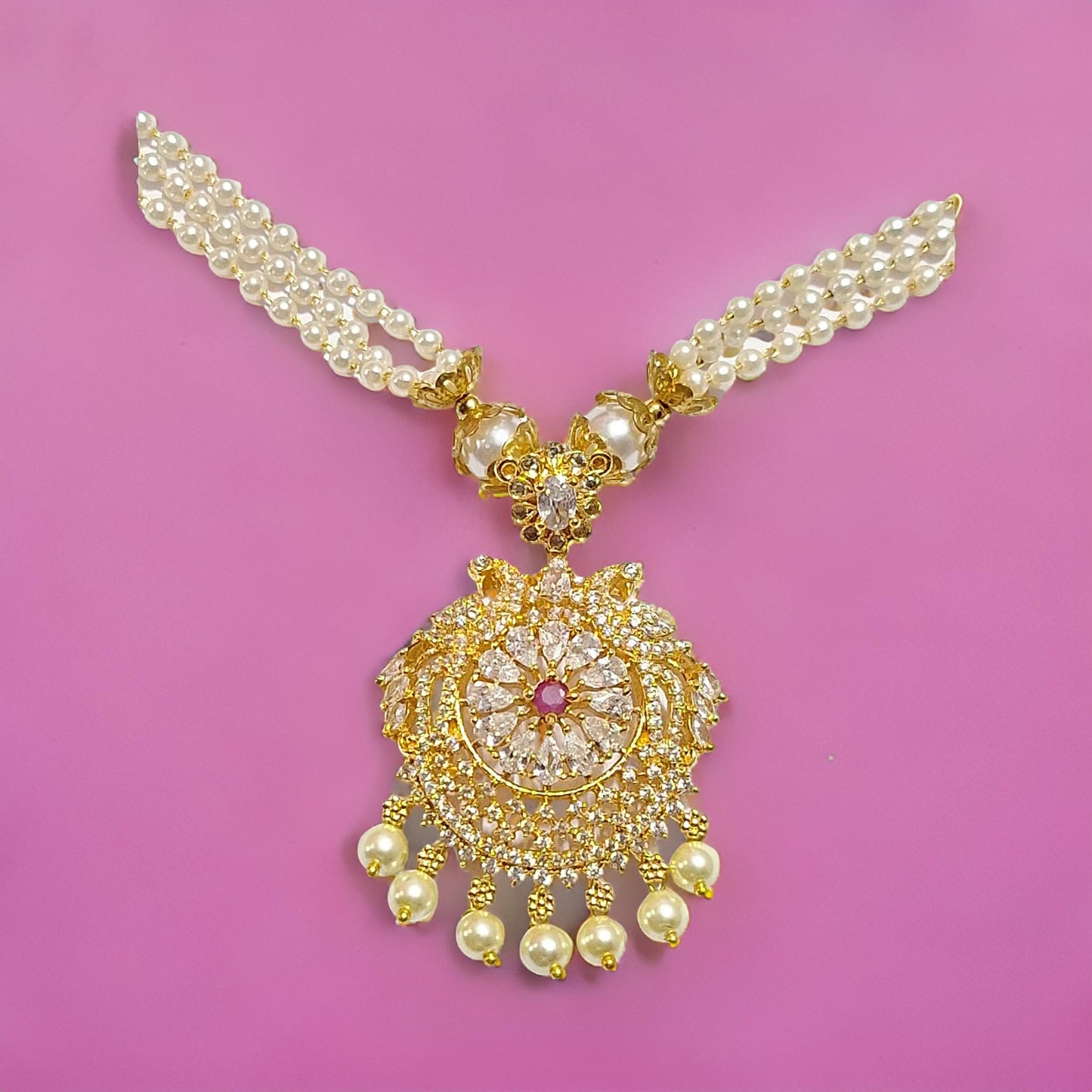Pearl American Diamond 1 gram Gold plated Long NecklaceSet