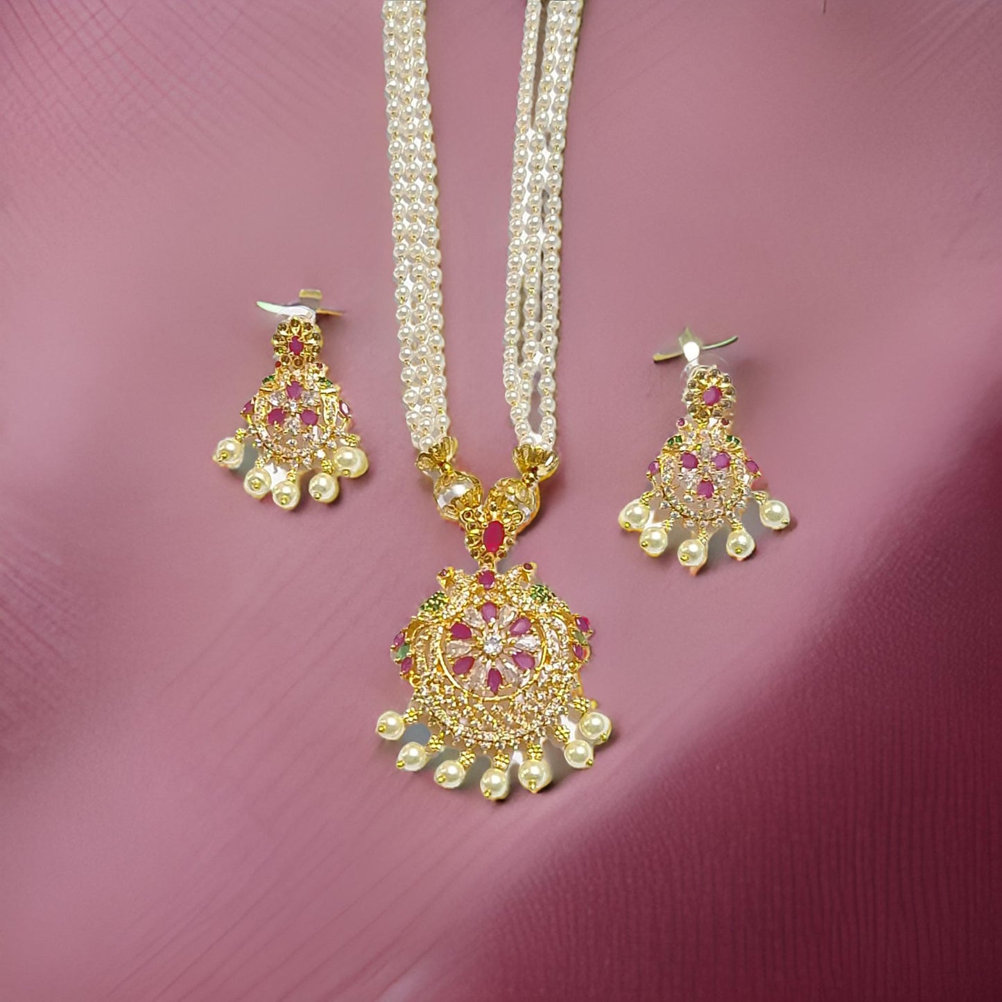 Pink Ruby American Diamond Pearl Long Chain 1 Gram Gold Plated Necklace Set