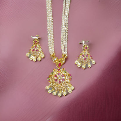 Pink Ruby American Diamond Pearl Long Chain 1 Gram Gold Plated Necklace Set