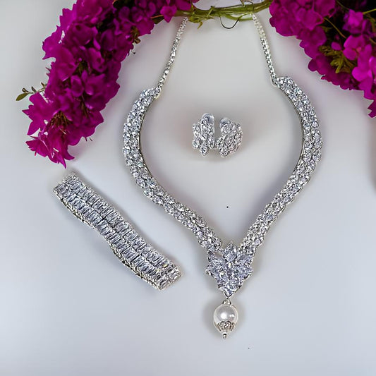 American Diamond Stainless Steel Anti Tarnish Necklace Set with Bracelet Combo