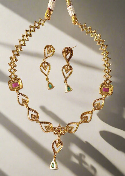 Pink & Green Ruby Gold-Plated Necklace Set.