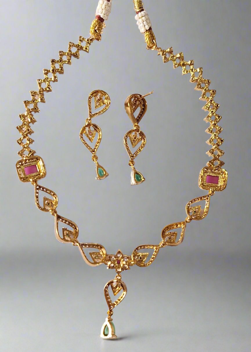 Pink & Green Ruby Gold-Plated Necklace Set.