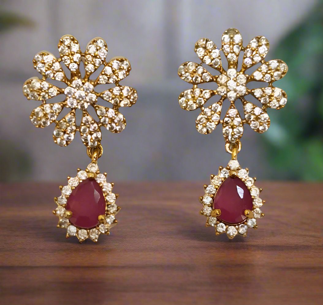 Pink Ruby and American Diamond floral design necklace set