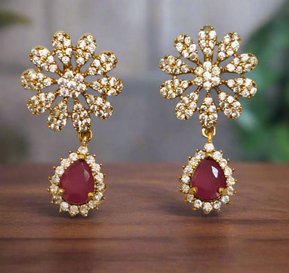 Pink Ruby and American Diamond floral design necklace set