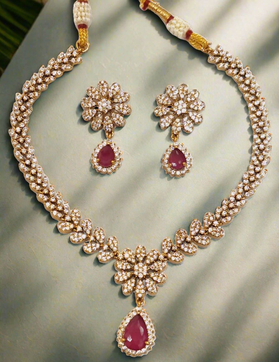 Pink Ruby and American Diamond floral design necklace set
