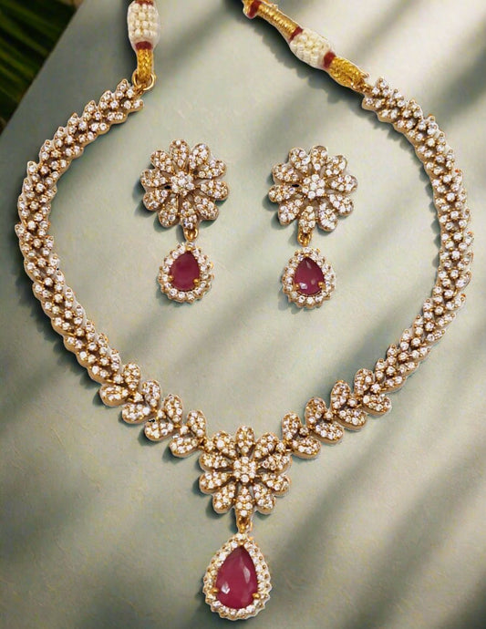 Pink Ruby and American Diamond floral design necklace set