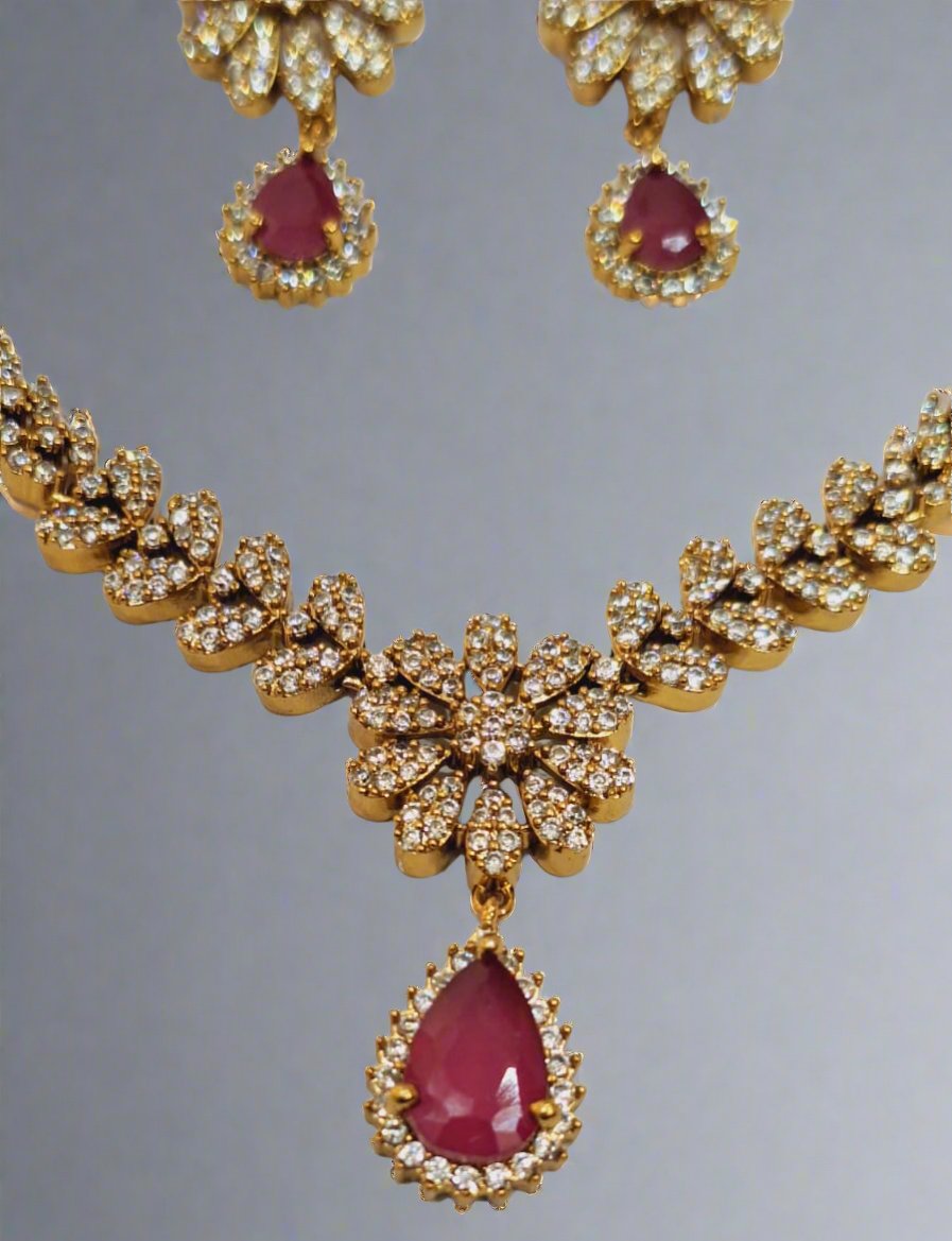 Pink Ruby and American Diamond floral design necklace set