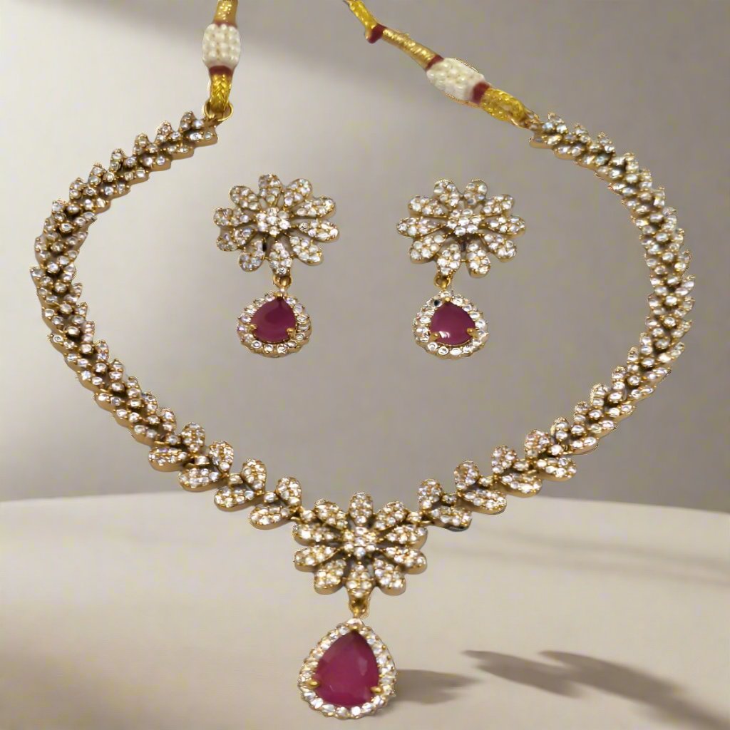 Pink Ruby and American Diamond floral design necklace set