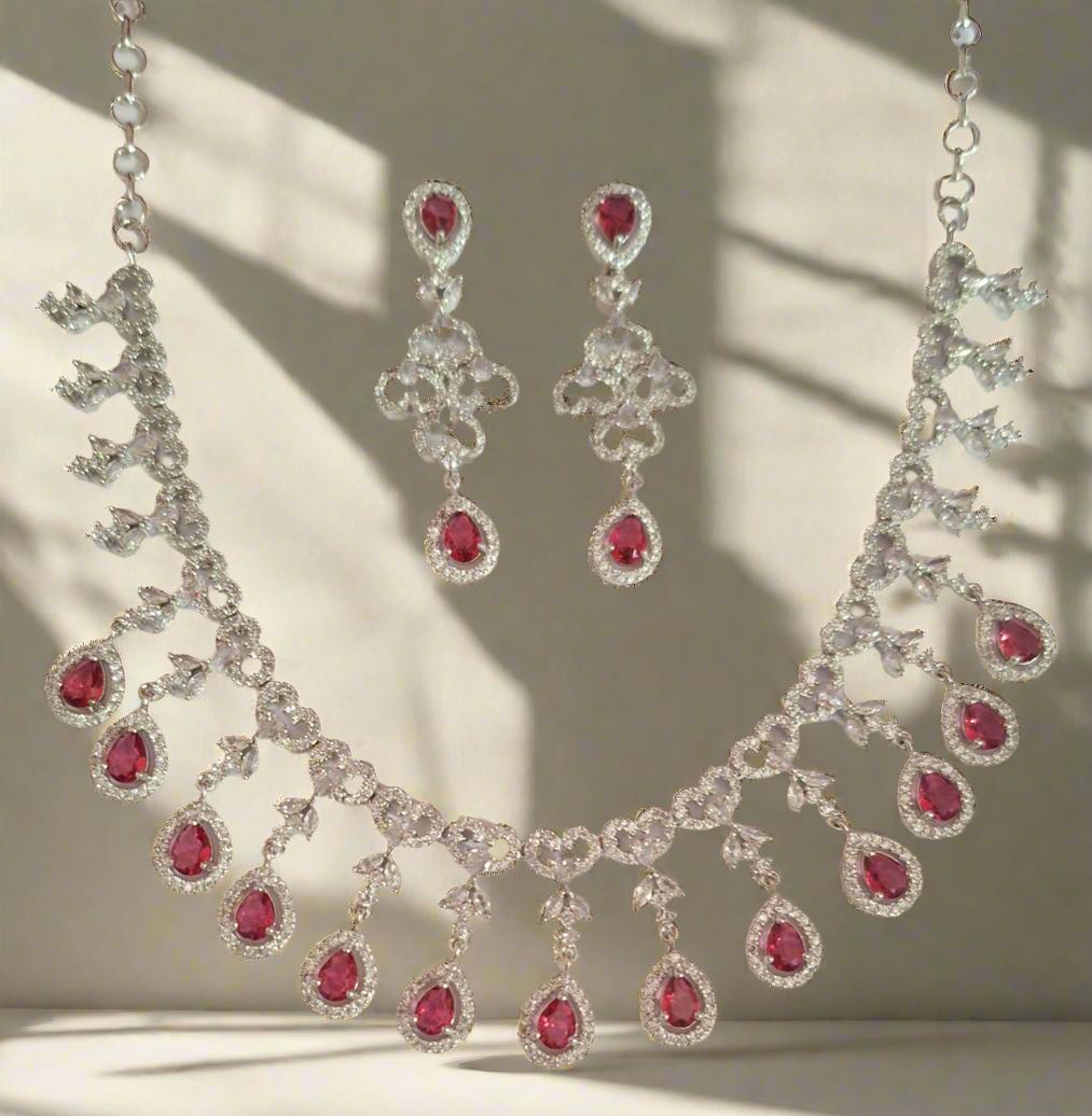 Pink Ruby American Diamond Necklace Set with matching earrings