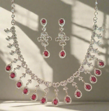 Pink Ruby American Diamond Necklace Set with matching earrings