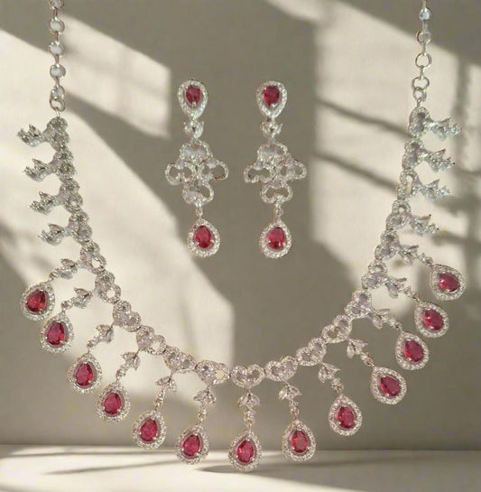 Pink Ruby American Diamond Necklace Set with matching earrings