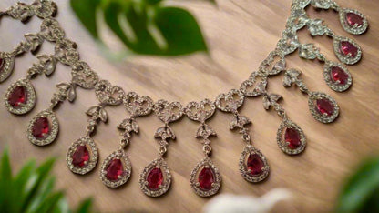 Pink Ruby American Diamond Necklace Set with matching earrings