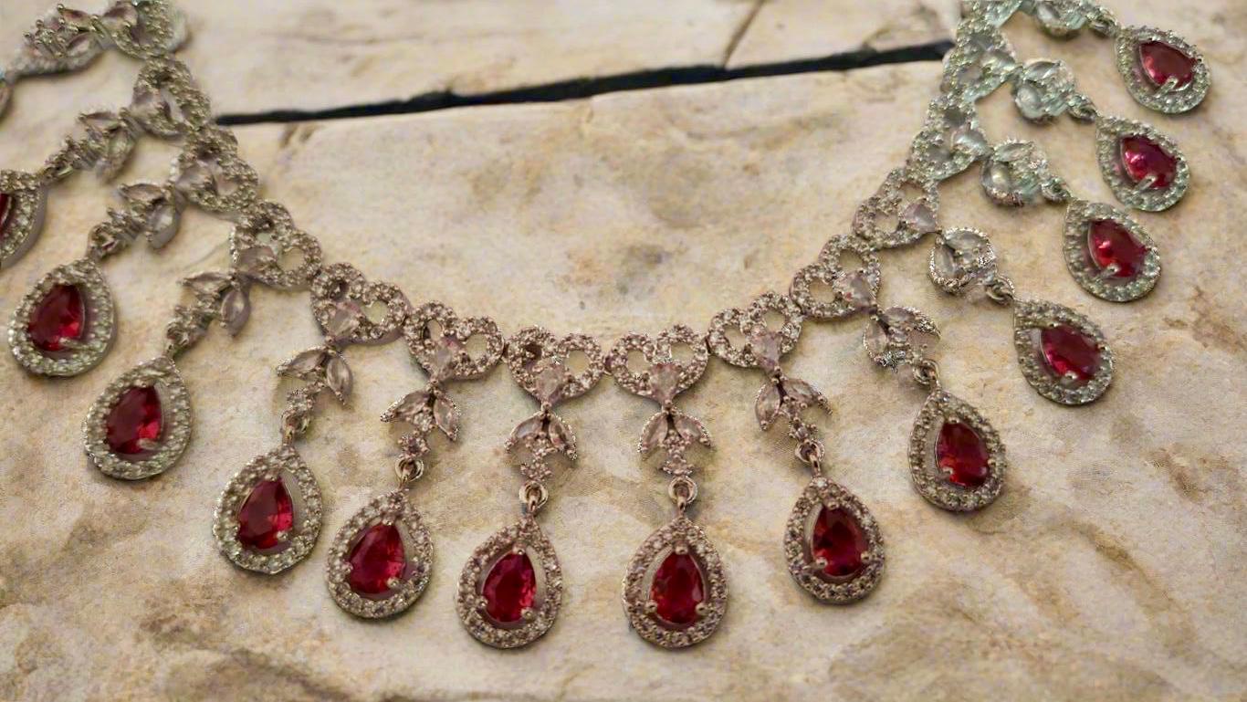 Pink Ruby American Diamond Necklace Set with matching earrings