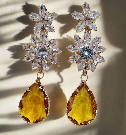 Yellow Anti Tarnish American Diamond Statement Earrings