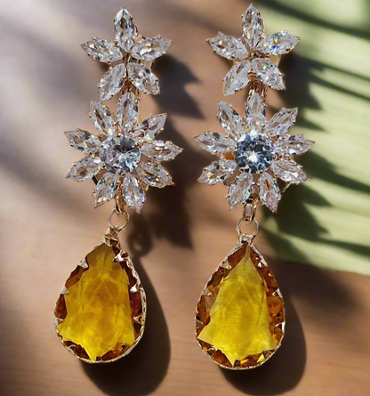 Yellow Anti Tarnish American Diamond Statement Earrings