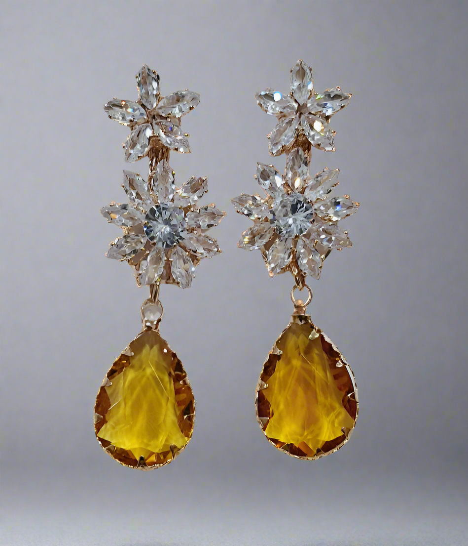 Yellow Anti Tarnish American Diamond Statement Earrings