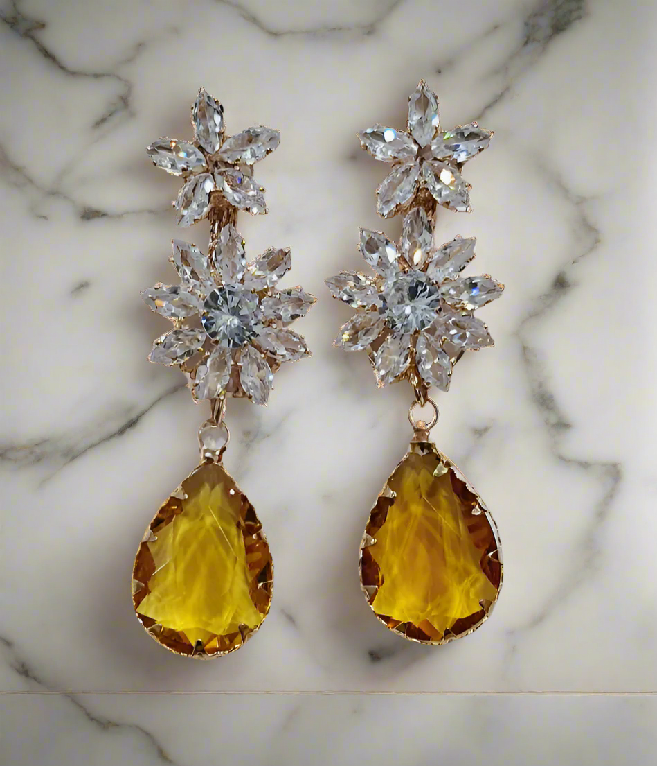 Yellow Anti Tarnish American Diamond Statement Earrings