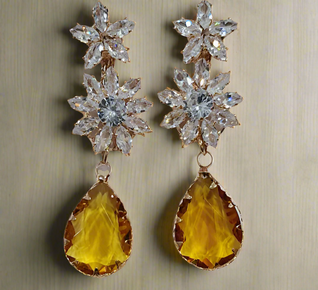 Yellow Anti Tarnish American Diamond Statement Earrings