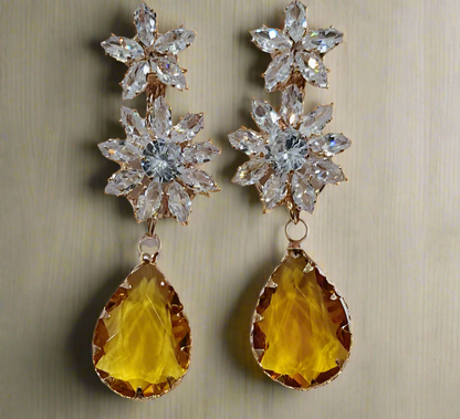 Yellow Anti Tarnish American Diamond Statement Earrings