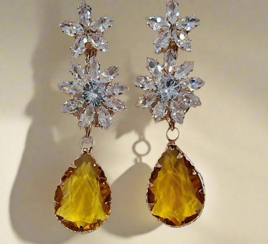 Yellow Anti Tarnish American Diamond Statement Earrings