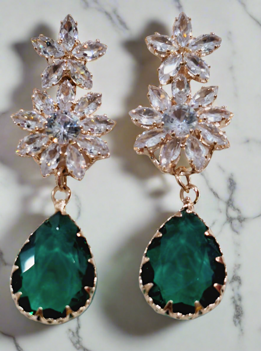 Green Stone Anti Tarnish American Diamond Statement Earrings