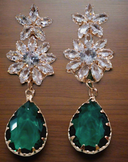 Green Stone Anti Tarnish American Diamond Statement Earrings