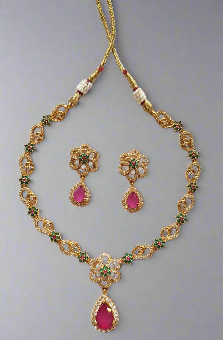 Pink Ruby| Green Stones| American Diamonds Necklace Set