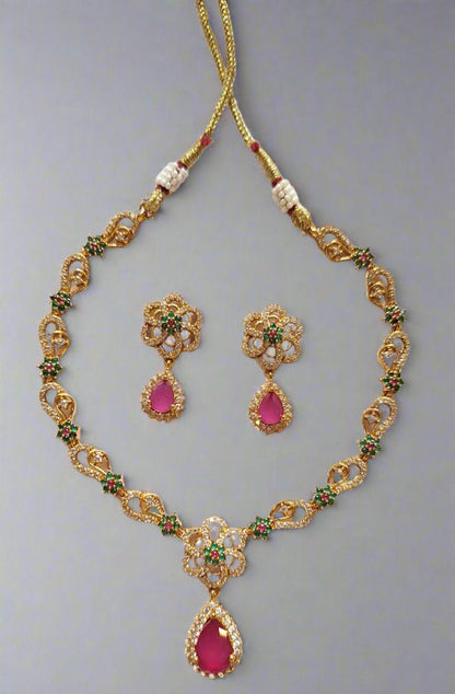 Pink Ruby| Green Stones| American Diamonds Necklace Set