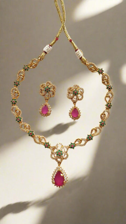 Pink Ruby| Green Stones| American Diamonds Necklace Set