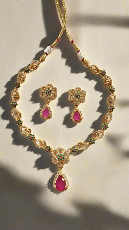 Pink Ruby| Green Stones| American Diamonds Necklace Set