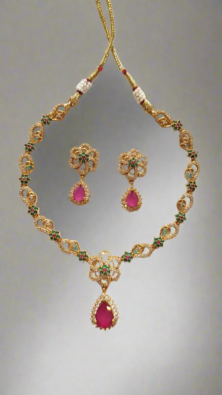 Pink Ruby| Green Stones| American Diamonds Necklace Set