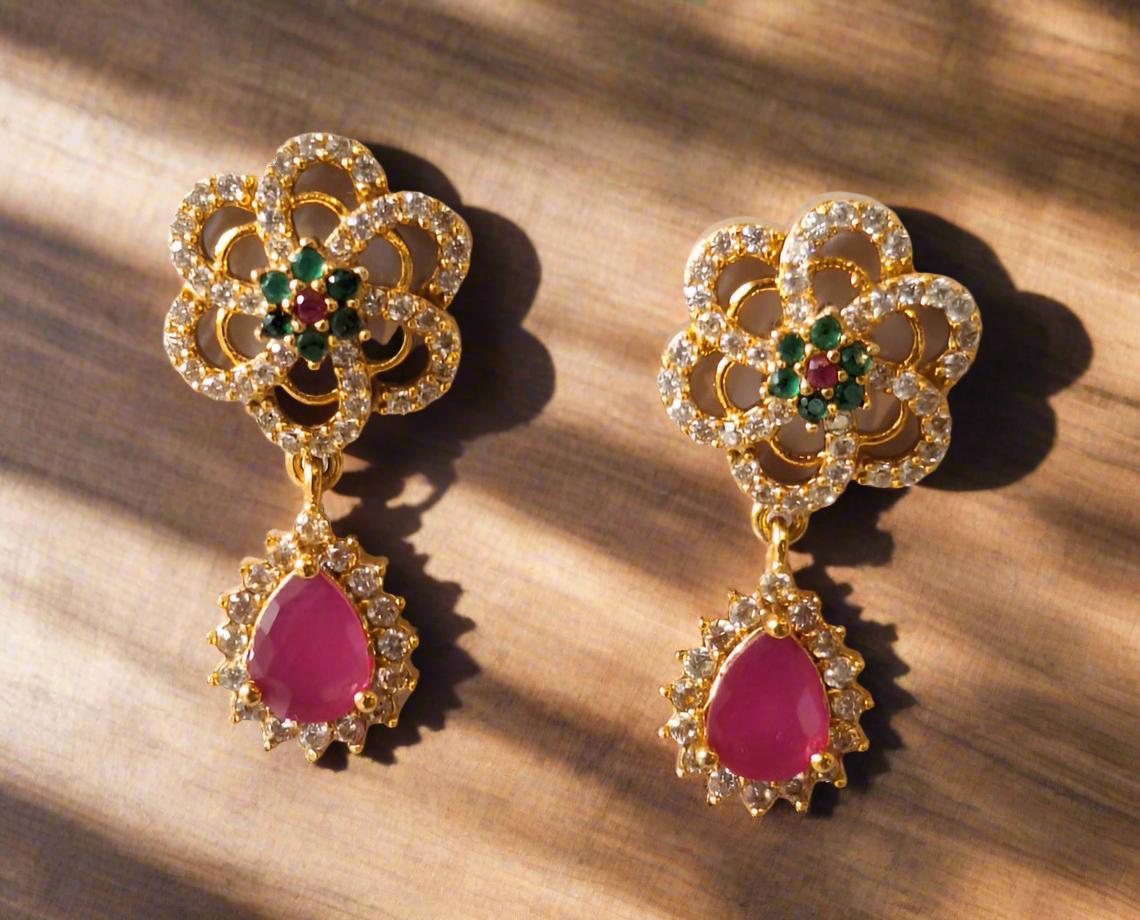 Pink Ruby| Green Stones| American Diamonds Necklace Set