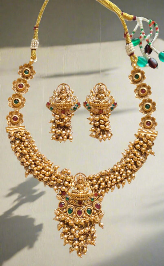 Traditional Goddess Lakshmi Motif 1.5 Gram Gold Plated Necklace Set