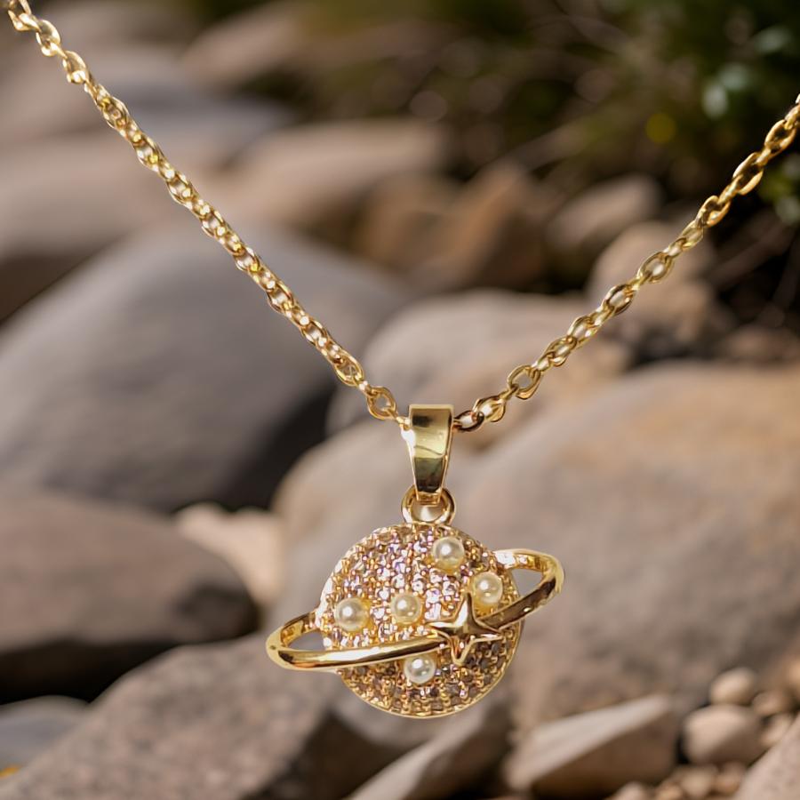 Planet Pendant Anti Tarnish Gold Plated Chain Necklace