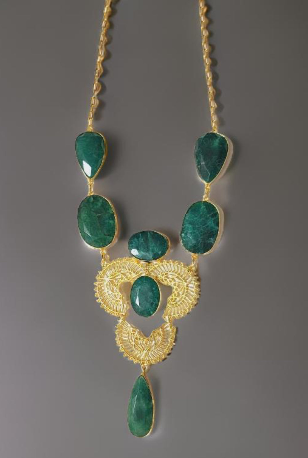 Green Marble Stone Brass Gold Plated Long Necklace Set With Ring