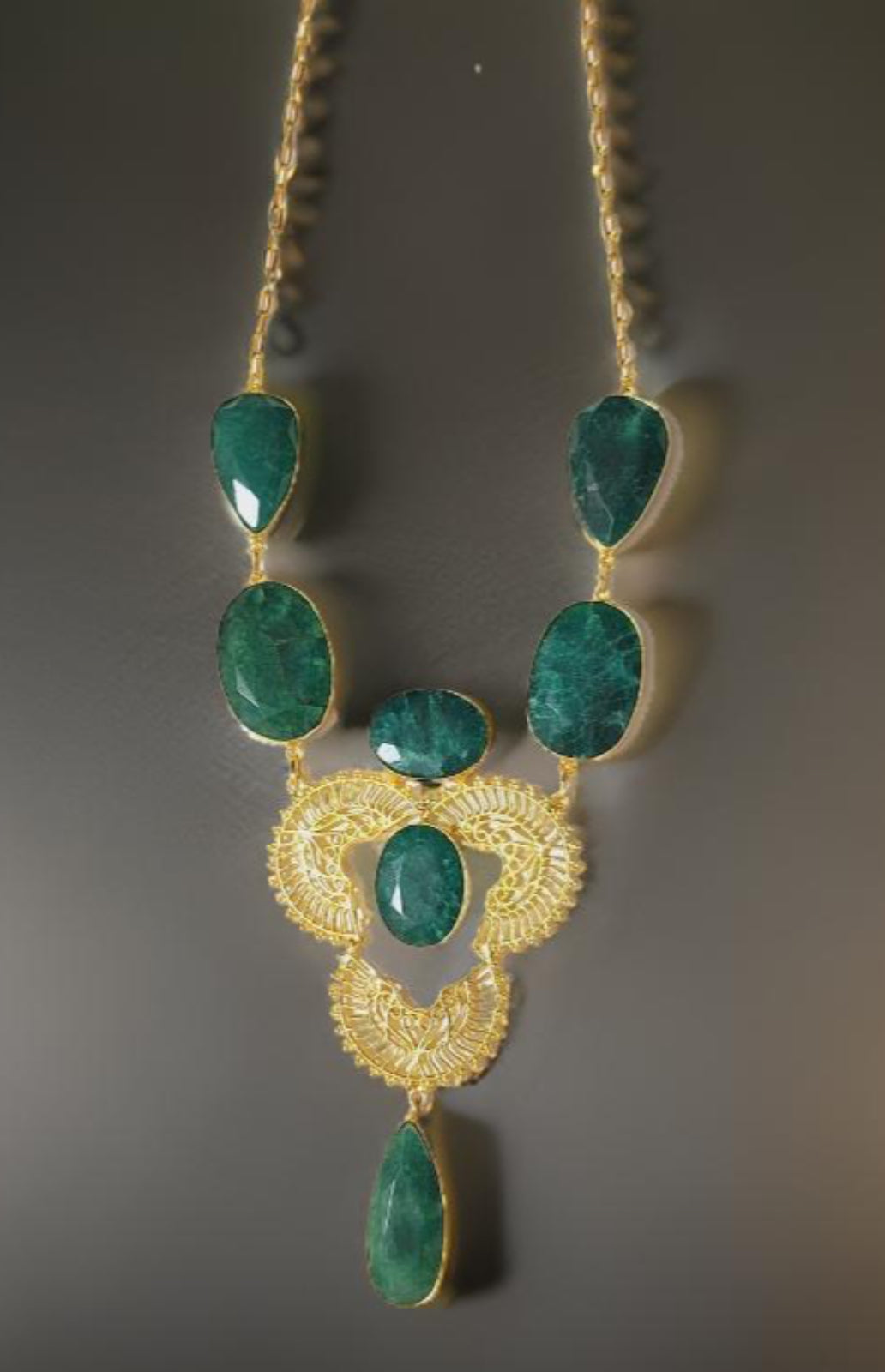 Green Marble Stone Brass Gold Plated Long Necklace Set With Ring