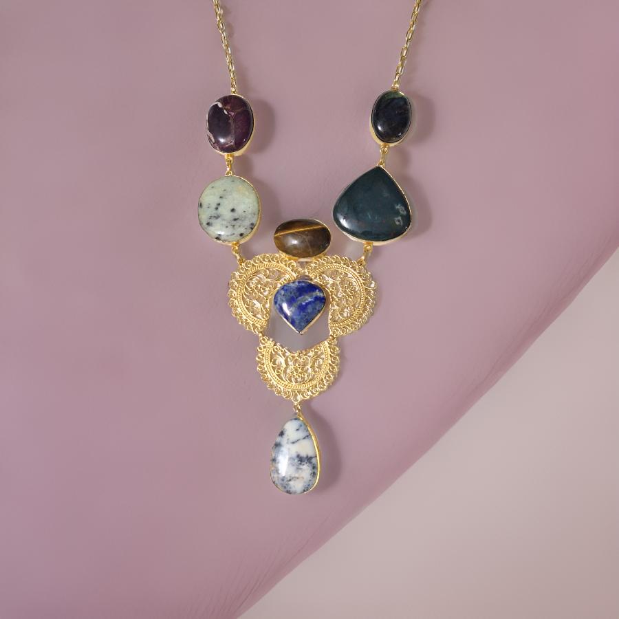 Antique Marble Stone Brass Gold Plated Necklace set
