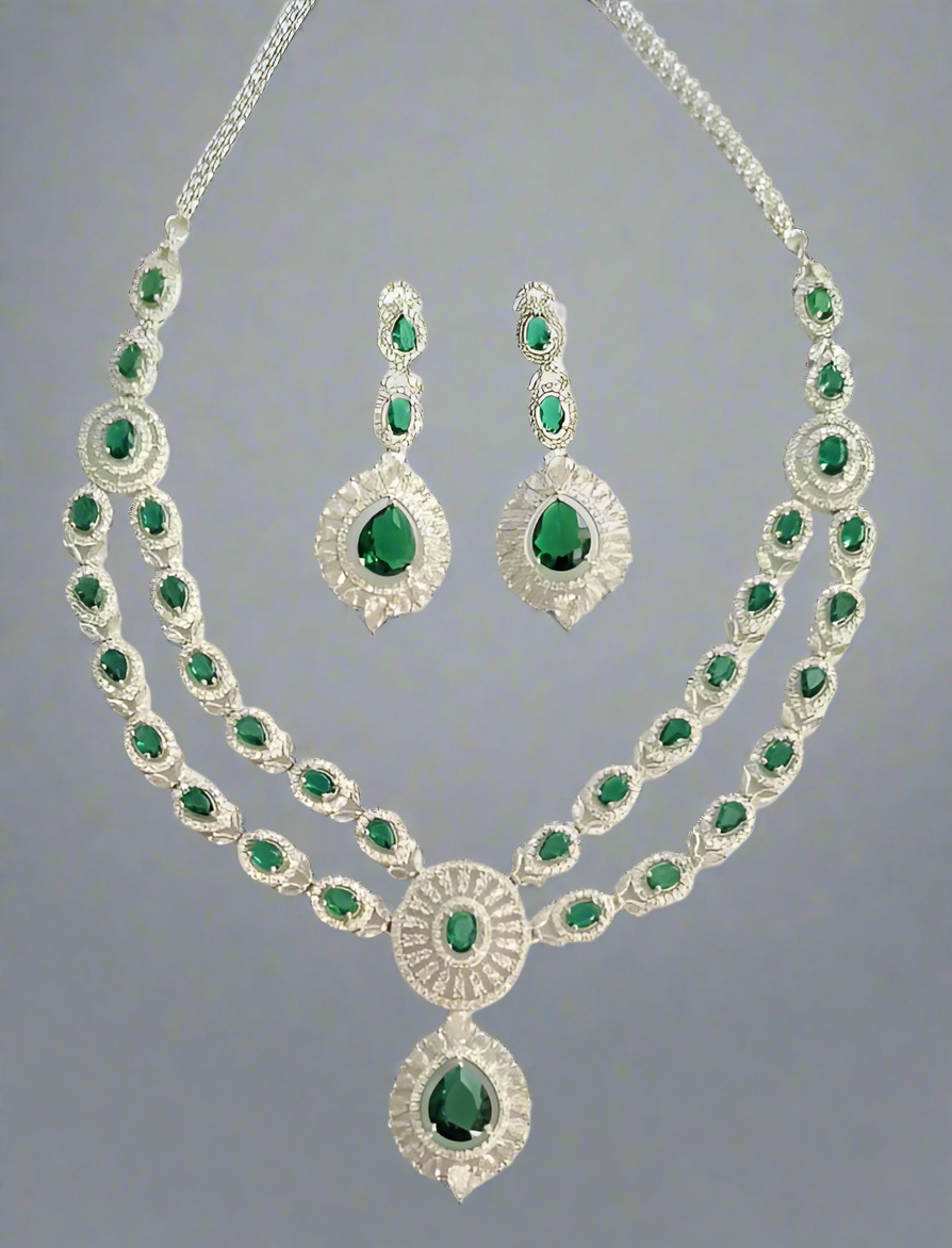 Double Layer Green Ruby American Diamond Necklace Set