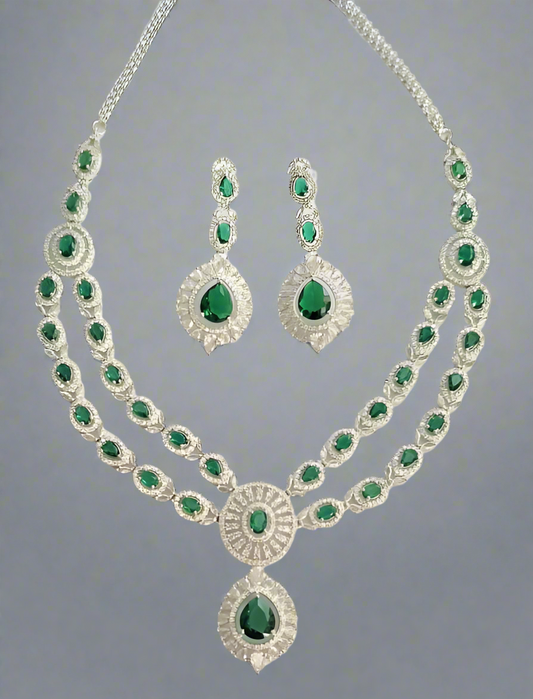 Double Layer Green Ruby American Diamond Necklace Set
