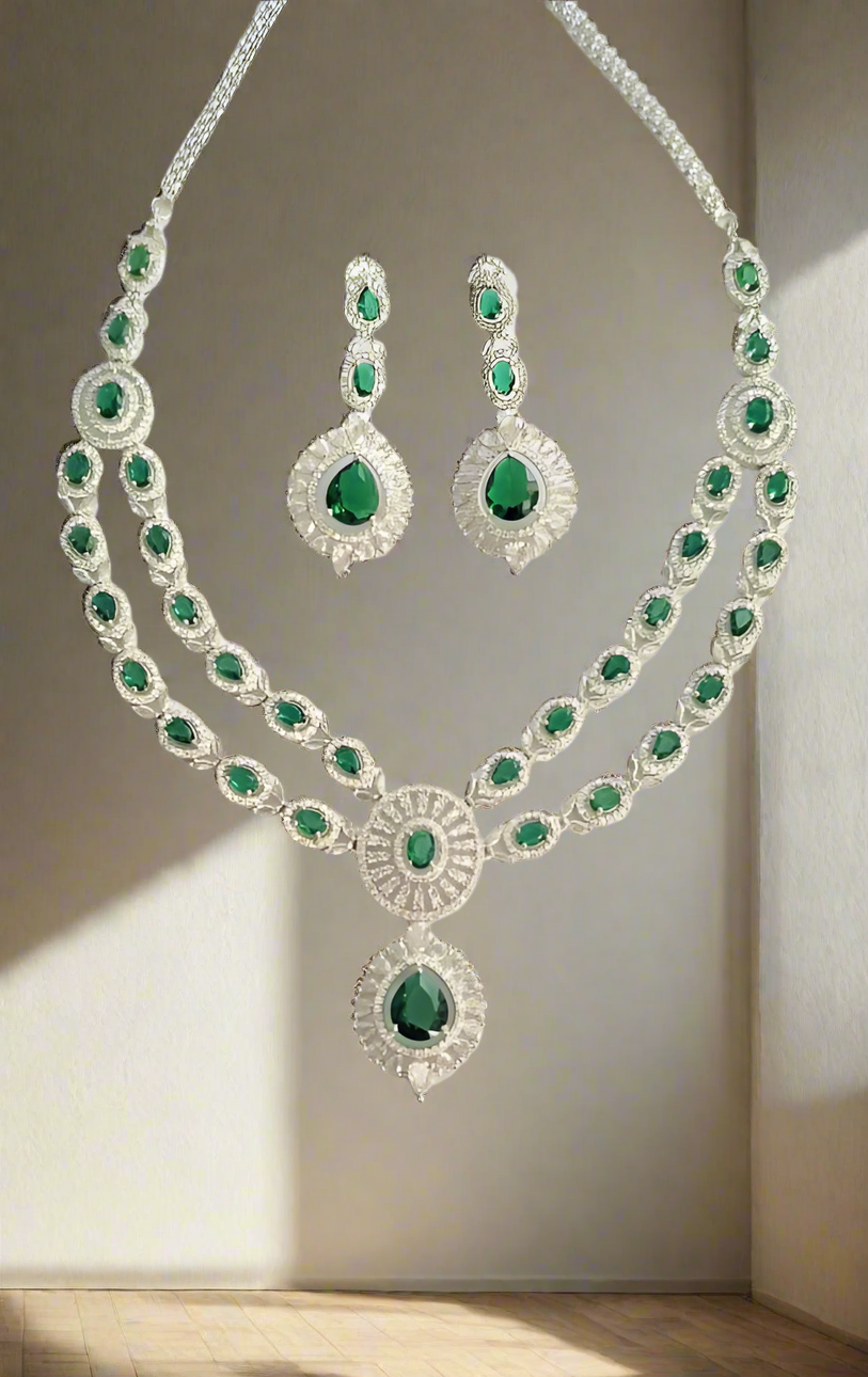 Double Layer Green Ruby American Diamond Necklace Set