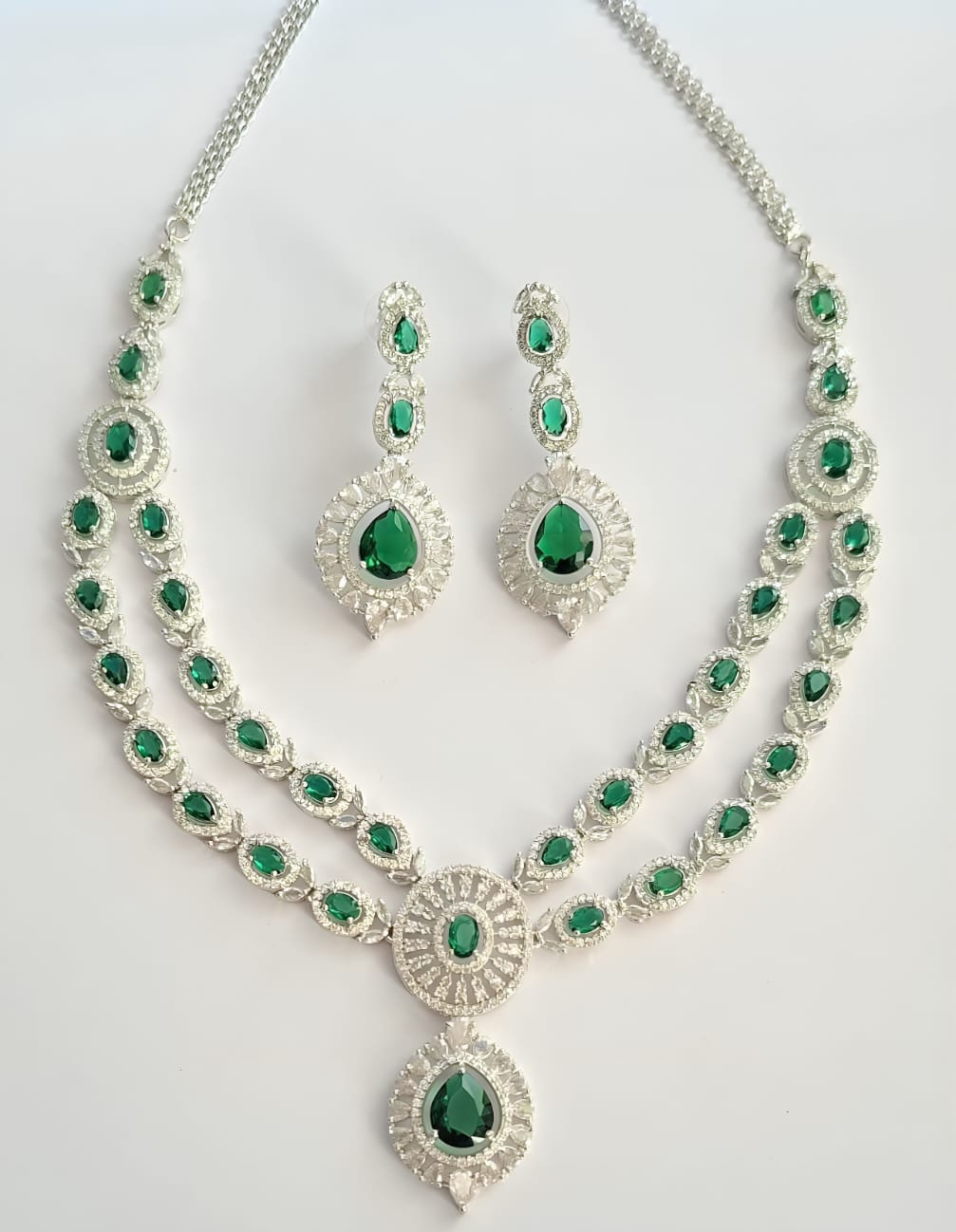 Double Layer Green Ruby American Diamond Necklace Set