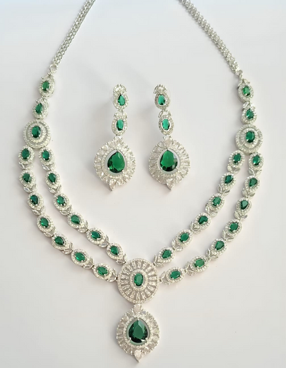 Double Layer Green Ruby American Diamond Necklace Set