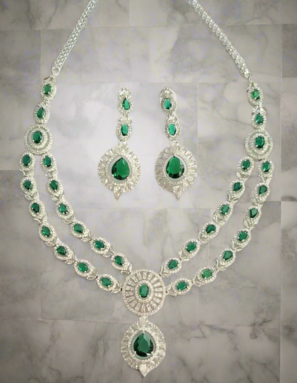 Double Layer Green Ruby American Diamond Necklace Set