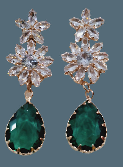 Green Stone Anti Tarnish American Diamond Statement Earrings