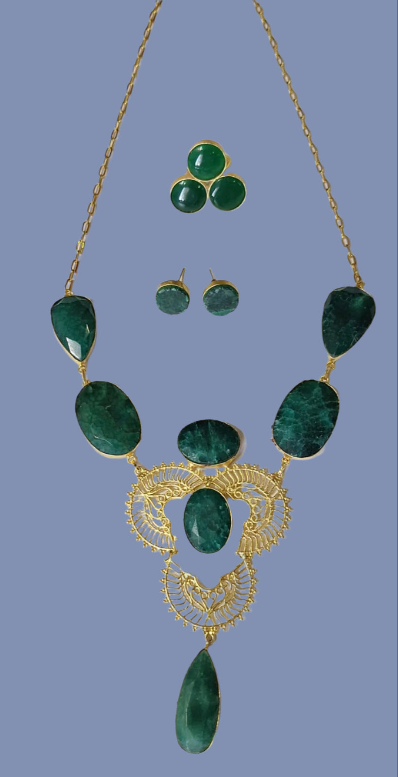 Green Marble Stone Brass Gold Plated Long Necklace Set With Ring