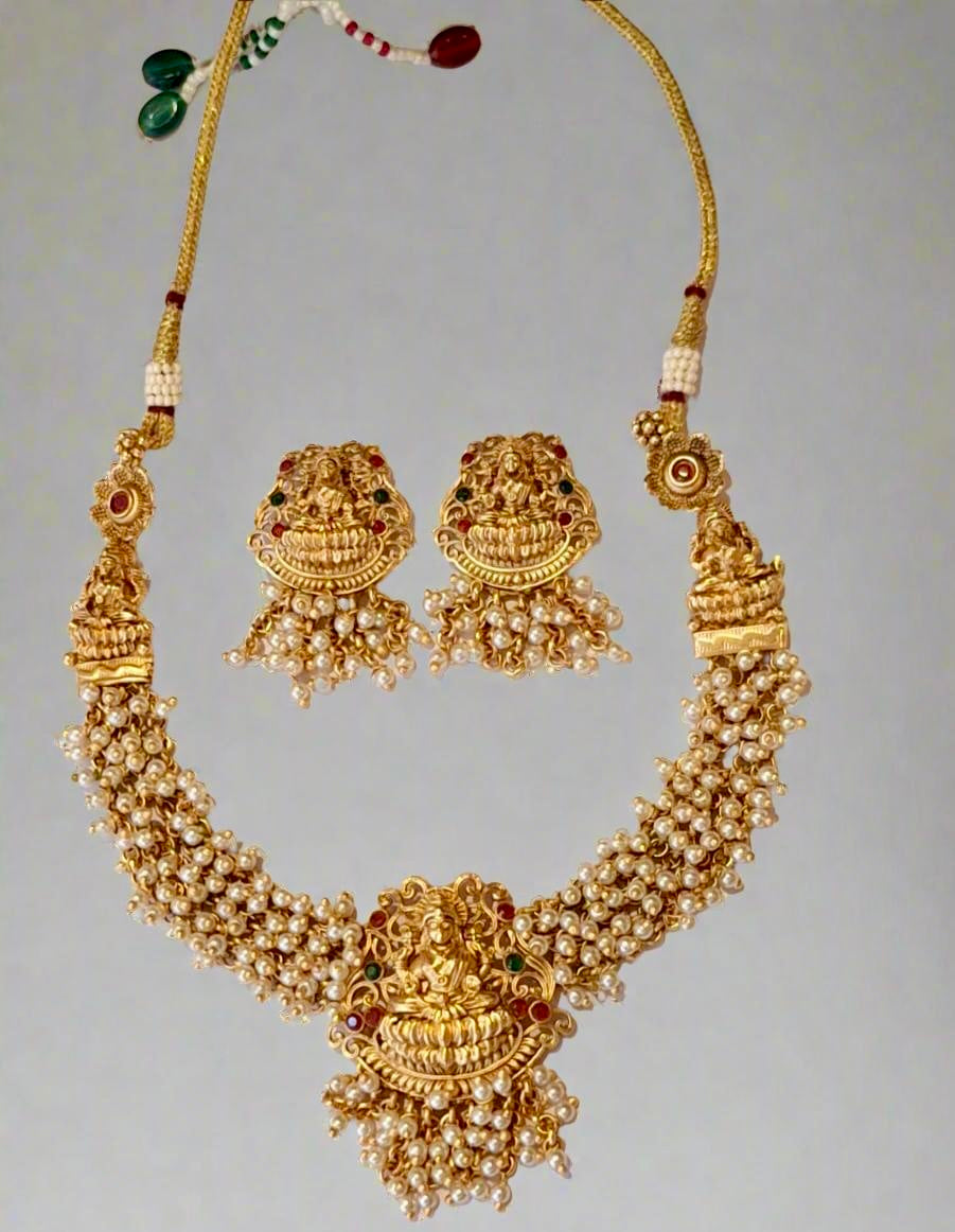 Maa Luxmi Temple Design 1Gram Gold Plated Necklace Set
