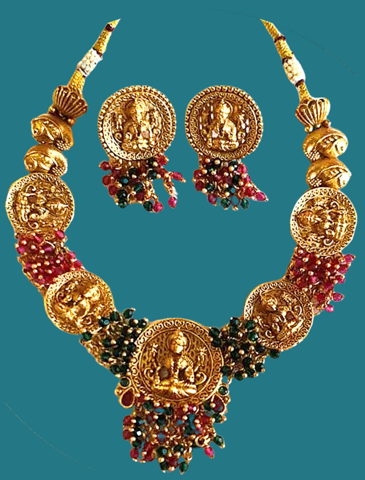 Red and Green Temple Design 1 Gram Gold Plated Necklace Set